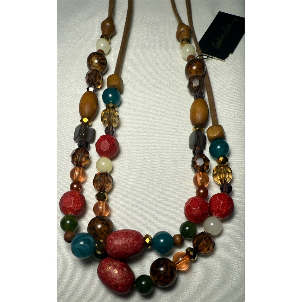 Celia Le Beads Necklace Multicolor Brown Suede Cord Boho Bohemian Style